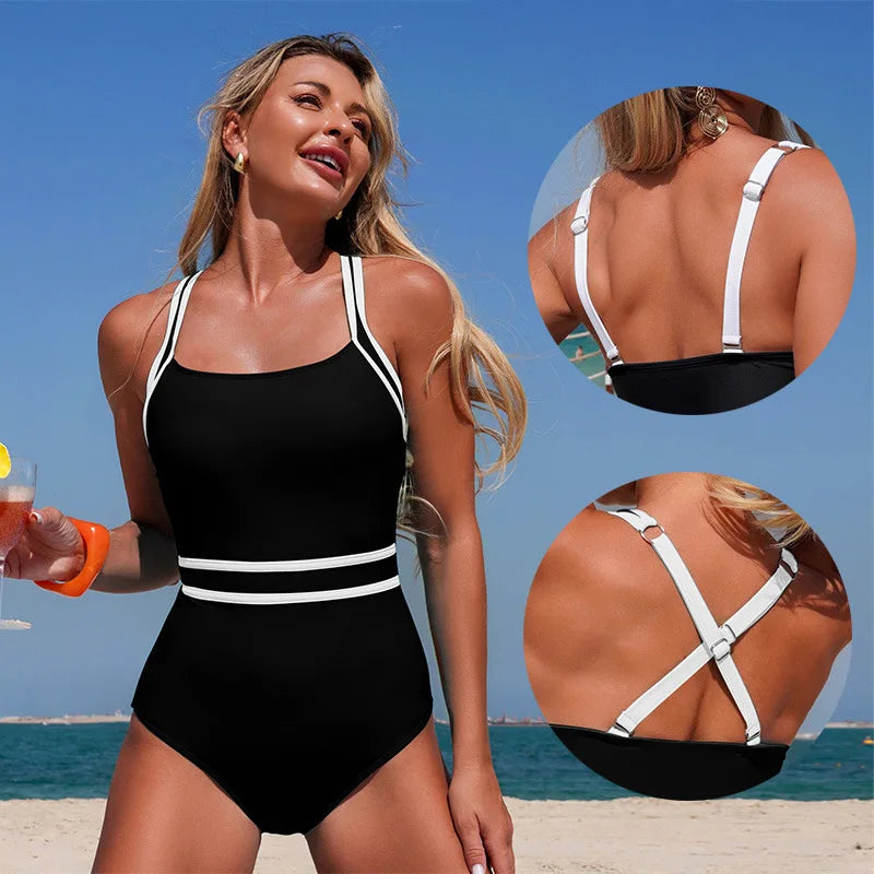 Sexy Black White Patchwork Swimwear Women 2026 Halter Back Cross Tummy Control One Piece Swimsuit Beach Holiday Bathing Suits