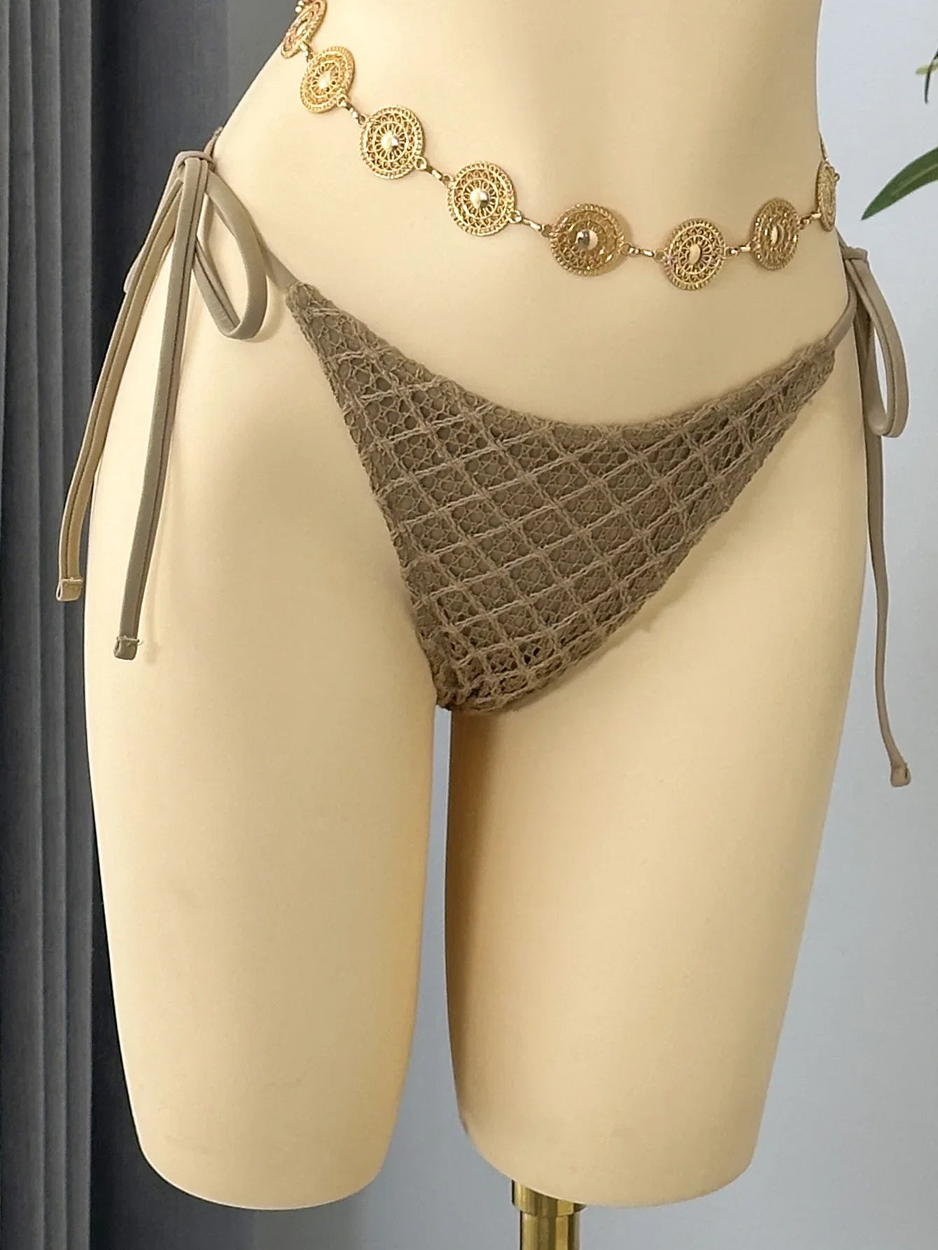 Vintage Beige Black Mesh Skirt 3 Piece Bikini Set 2026 Women Metal Chain Strap Push Up Bra Swimsuit Beach Bathing Suit Swimwear