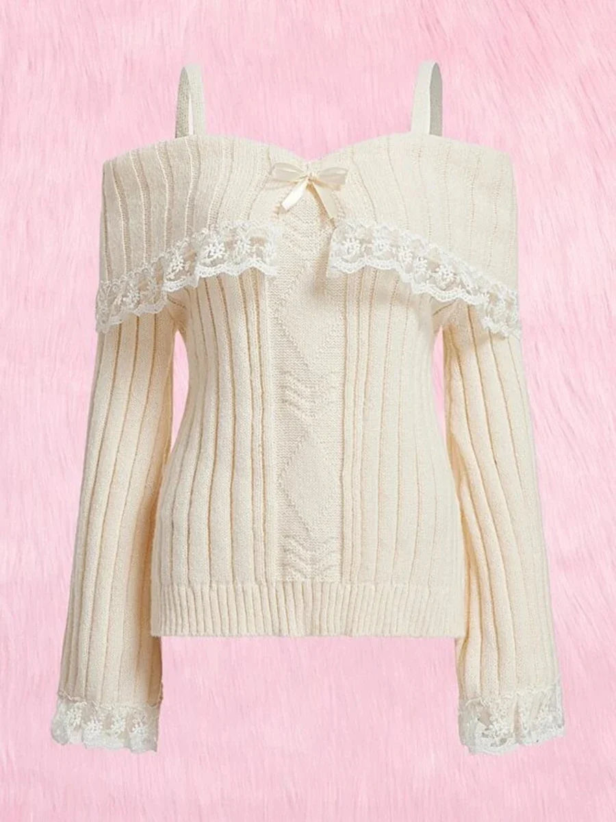 Women Long Sleeve Contrast Lace Knit Pullovers Autumn Winter Cold Shoulder Sweaters Bow Front Jumper Tops Beige/Pink