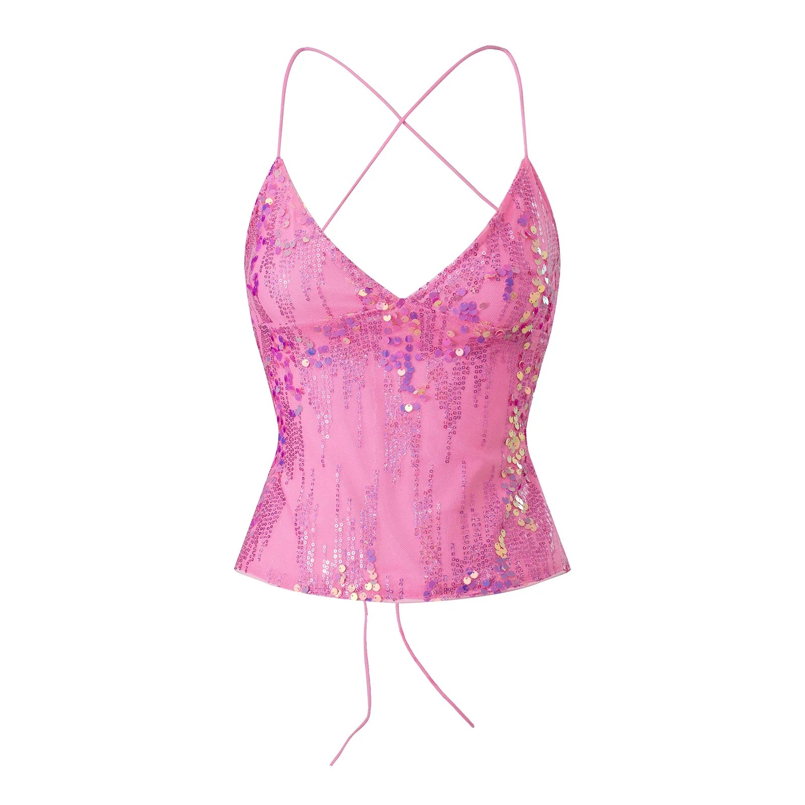 Women's Summer Deep V Neck Sequin Tank Tops Summer Fashionable Backless Sleeveless Spaghetti Strap Slim Fit Camisole