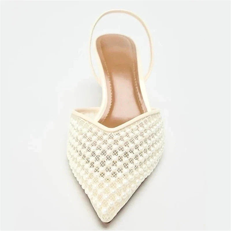 Mesh String Bead Brand Sandals Women Pumps Pointed Toe Elegant Slingback High Heels Female Designer Banquet Wedding Dress Shoes