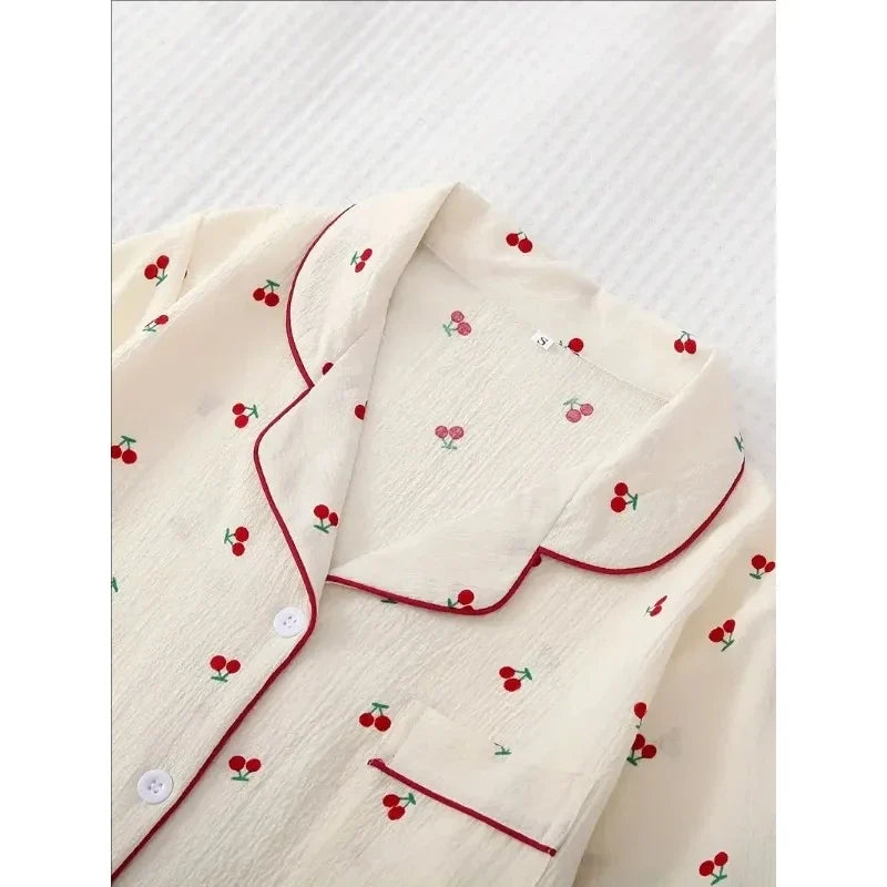 Cherry Print Textured Pajama Set Cute Short Sleeve Buttons Lapel Top & Elastic Shorts Women's Sleepwear