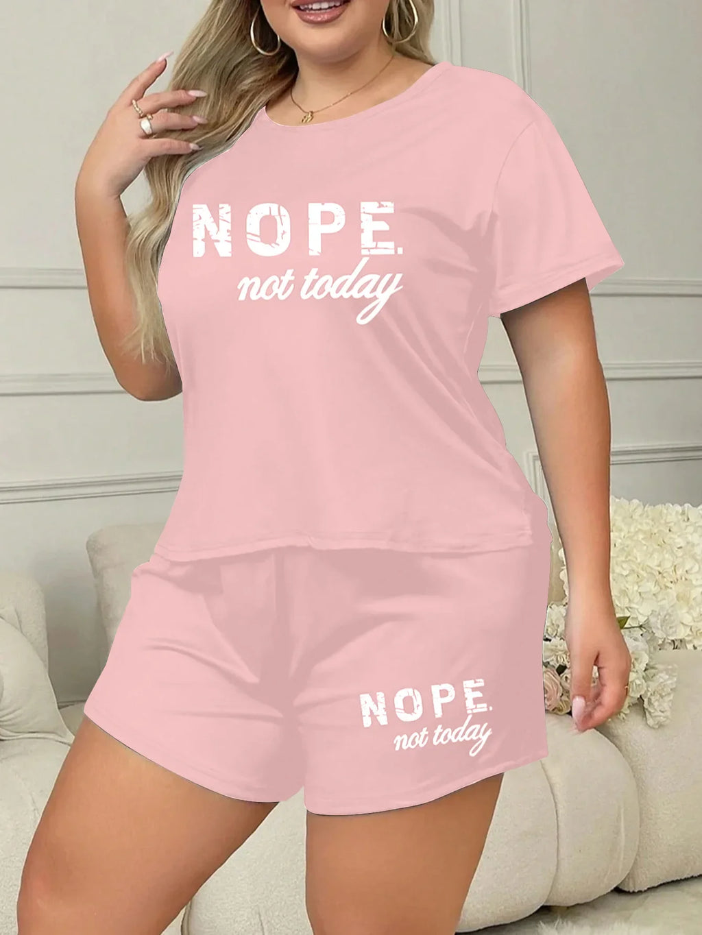 Letters Print Pajama Set Short Sleeve Tee And Elastic Shorts Plus Size Fit Women's Casual Attire Sports Wear Loungewear Homewear
