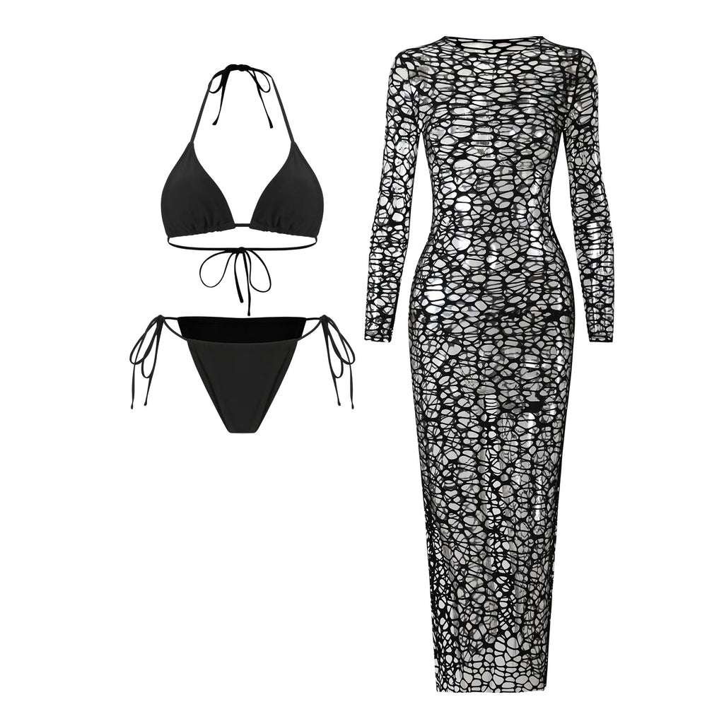 Sexy Hole Out Mesh Long Sleeve Dress 3 Piece Bikini Set 2026 Women Black Push Up Bra Thong Swimsuit Beach Bathing Suit Swimwear