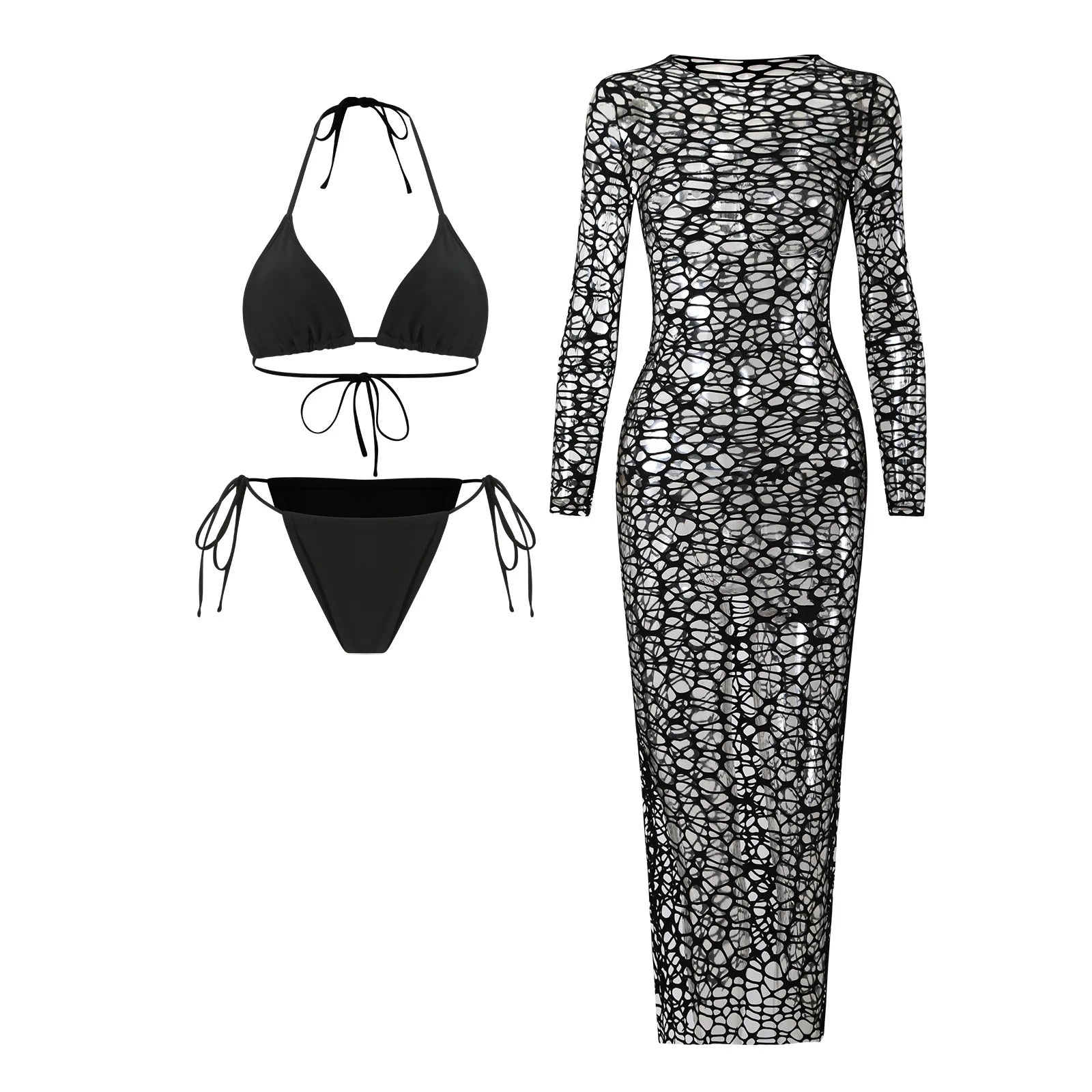 Sexy Hole Out Mesh Long Sleeve Dress 3 Piece Bikini Set 2026 Women Black Push Up Bra Thong Swimsuit Beach Bathing Suit Swimwear