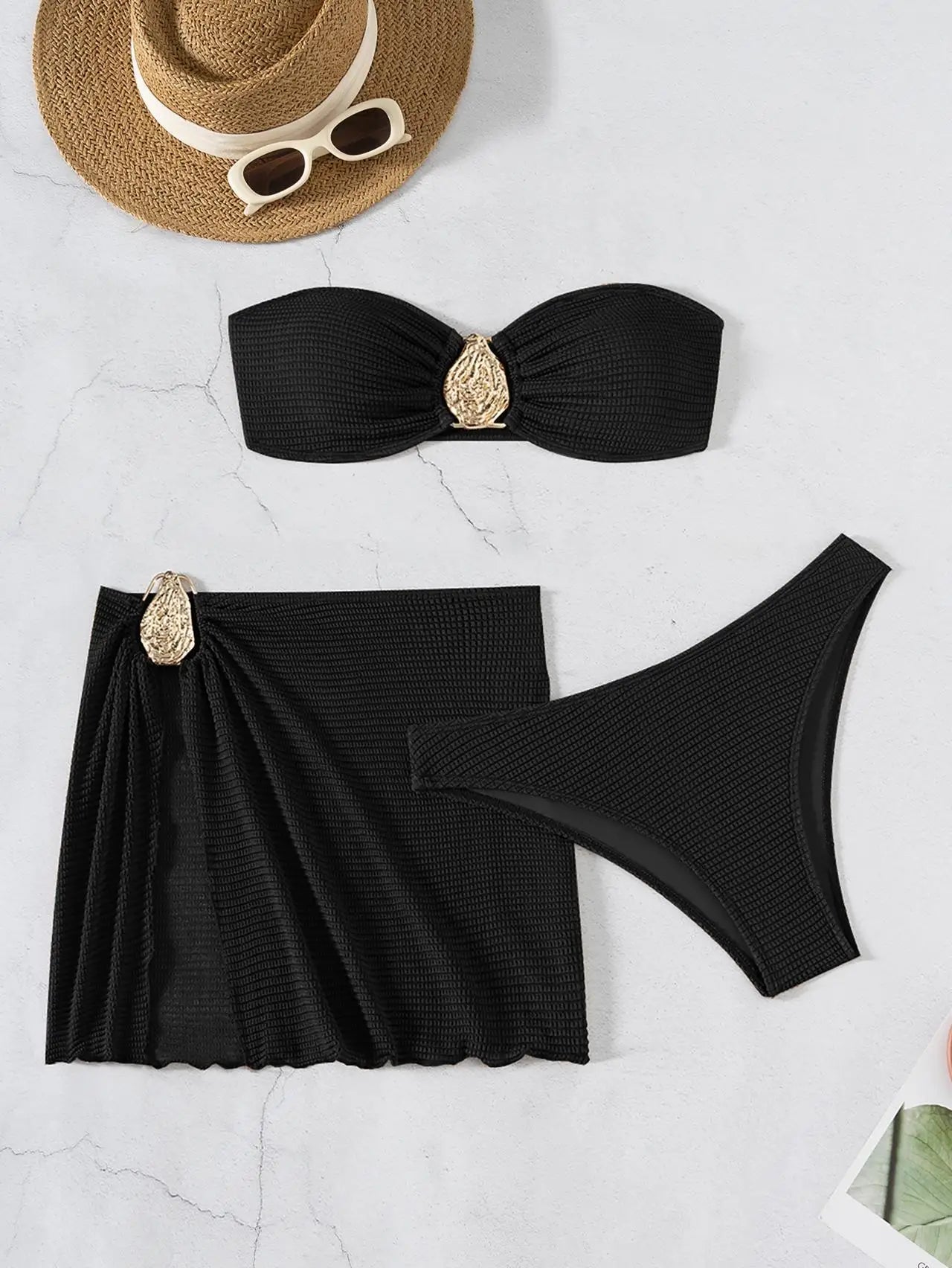 2026 New Sexy Bandeau Bikini Women Metal Water Droplet Ornament Push Up Mesh Skirt 3 Piece Swimsuit Beach Bathing Suit Swimwear