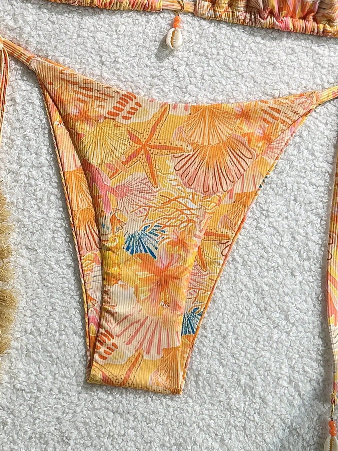 Sexy Orange Leaves Print Micro Bikini 2025 Women Shell Ornament Push Up Bra Bandage Thong Swimsuit Holiday Bathing Suit Swimwear