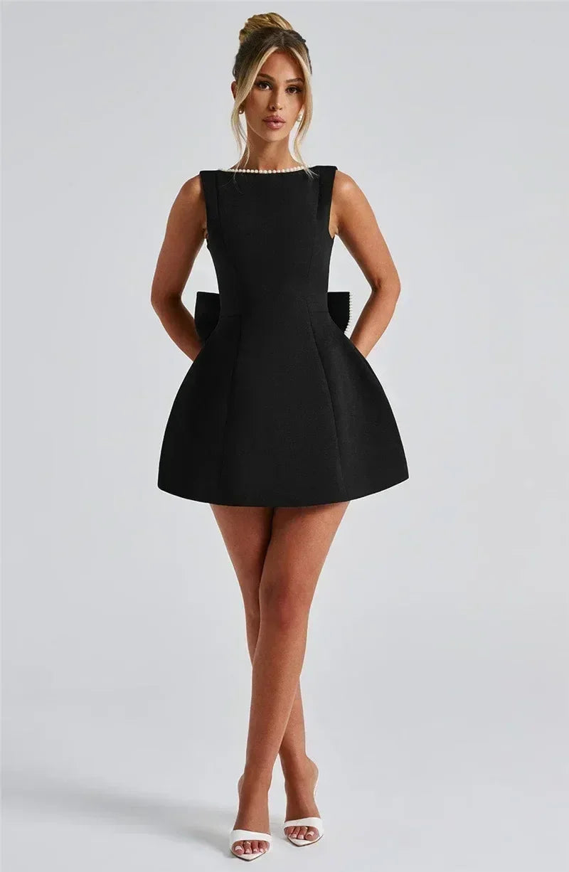 Mozision Pearl Bow Backless Sexy Mini Dress For Women Robe Fashion Zipper Sleeveless High Waist A-line Club Party Dress Elegant