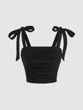 Solid Tie Shoulder Ruched Wide Strap Slim Fit Crop Top for Women Summer 2024 Y2K Clothes Pink Backless Cami Top Streetwear