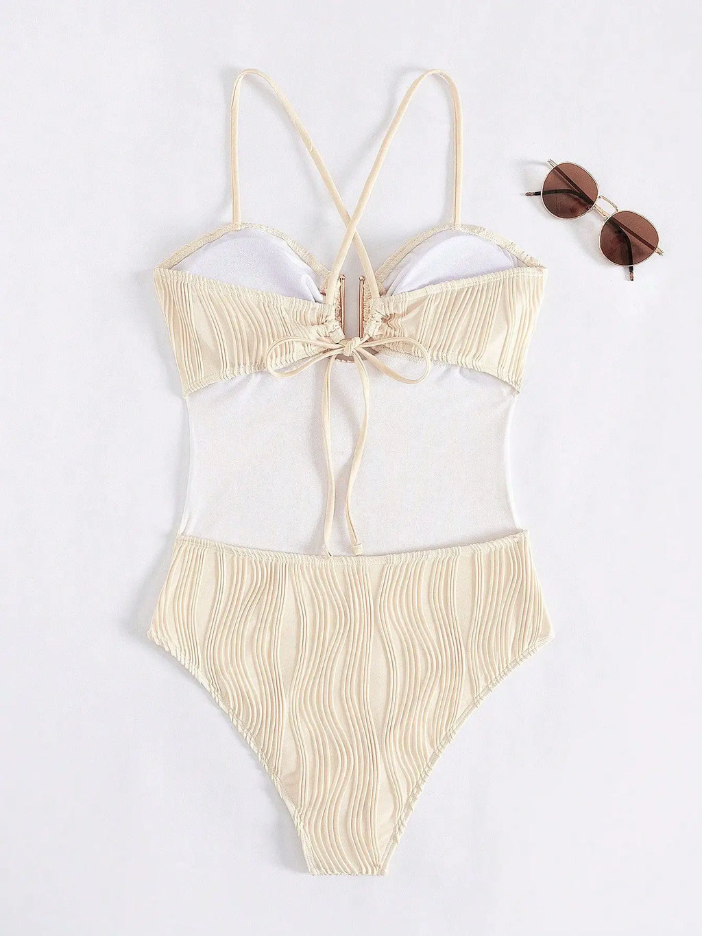 Vintage Metal U Neck Swimwear Women Solid Beige Criss Cross Backless Tummy Control One Piece Swimsuit 2026 Beach Bathing Suits