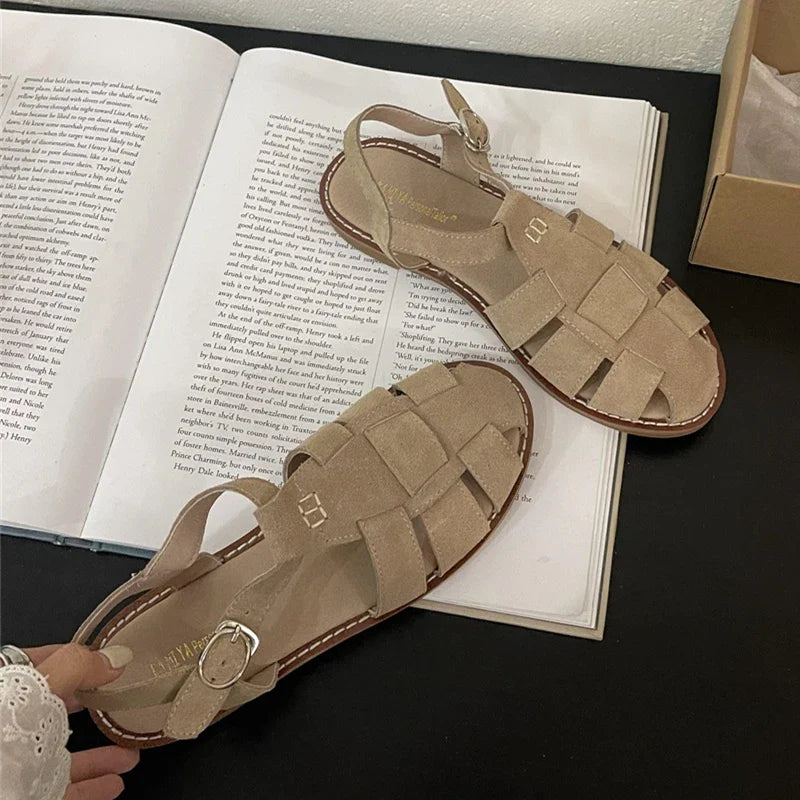 DIMANYU Women's Roman Sandals 2023 Summer New Flat Retro Real Leather Ladies Sandals Hollowed Women's Cage Shoes