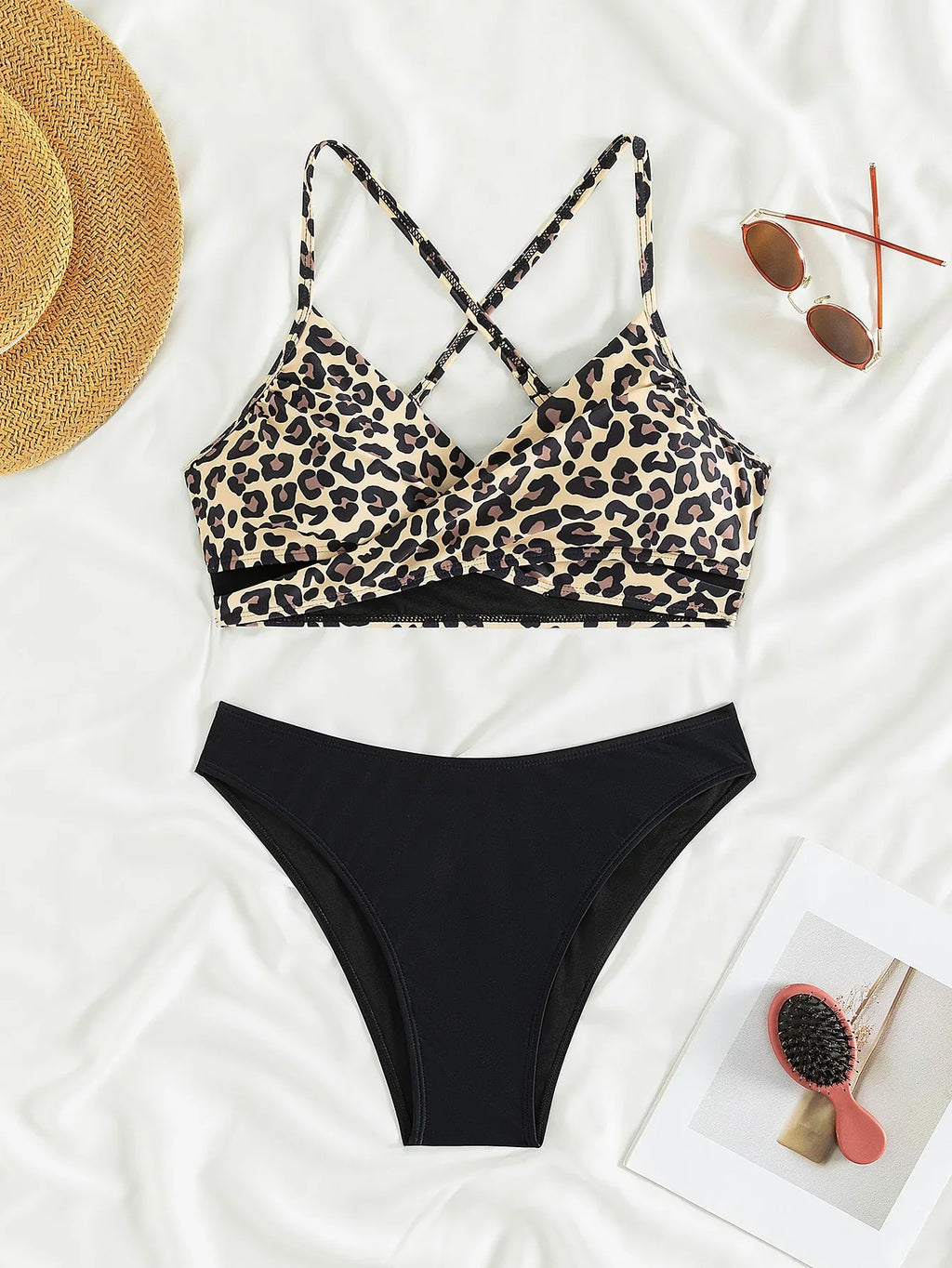 Sexy Leopard Print Cross Bikini Set 2026 Women Halter Push Up Black High Waist Swimsuit Summer Bathing Suit Two Piece Swimwear