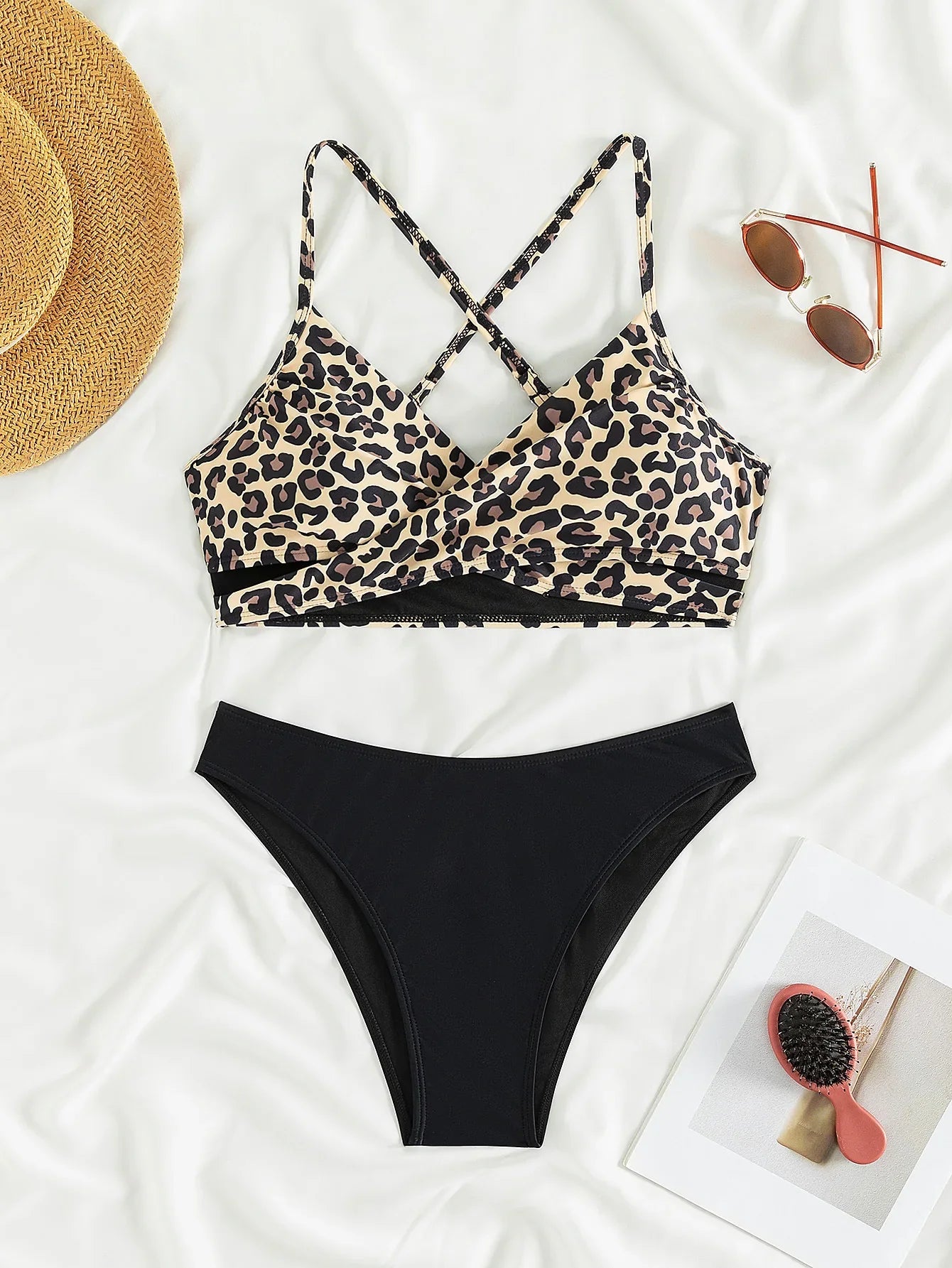 Sexy Leopard Print Cross Bikini Set 2026 Women Halter Push Up Black High Waist Swimsuit Summer Bathing Suit Two Piece Swimwear