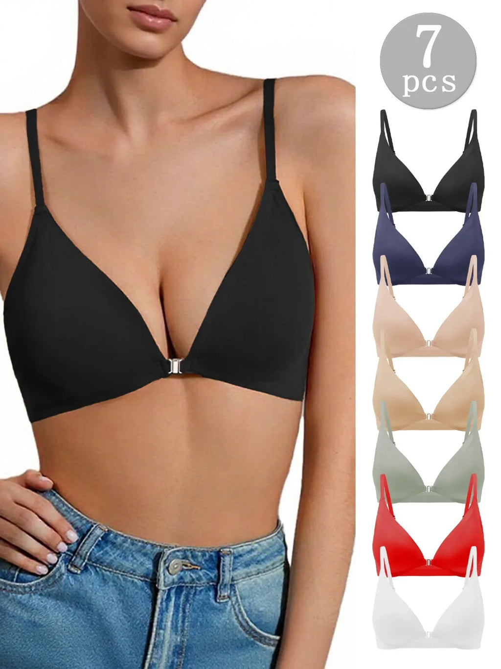 7 Pack Of Color Women's Front Closure Bras Seamless Push-Up Wireless Bras with Removable Padding Basic Everyday T-Shirt lingerie