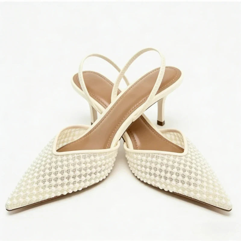 Mesh String Bead Brand Sandals Women Pumps Pointed Toe Elegant Slingback High Heels Female Designer Banquet Wedding Dress Shoes
