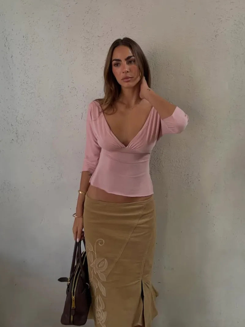 Trendix V Neck Slim Long Sleeve Tops Women 2026 Spring Casual Vintage Bodycon Pullover Top Party Retro Office Basic Backless Top