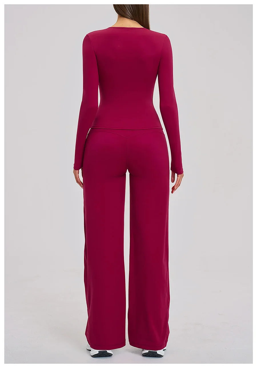 Yoga Set 2 Pieces Women Fitness Sportswear Gym Loose wide-leg pants Long-sleeved T-shirt Sports Crop Tops Tracksuit Workout Wear