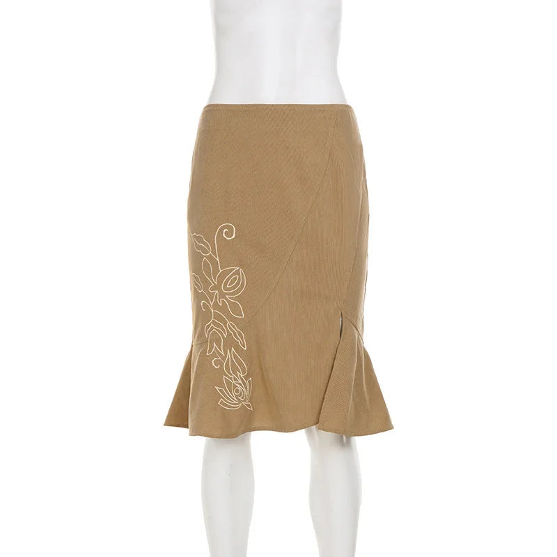 Trendix Women's Vintage Midi Skirt 2026 Summer High Waist Slim Ruffle Fishtail Skirts Party Side Slit Elegant Embroidery Skirt