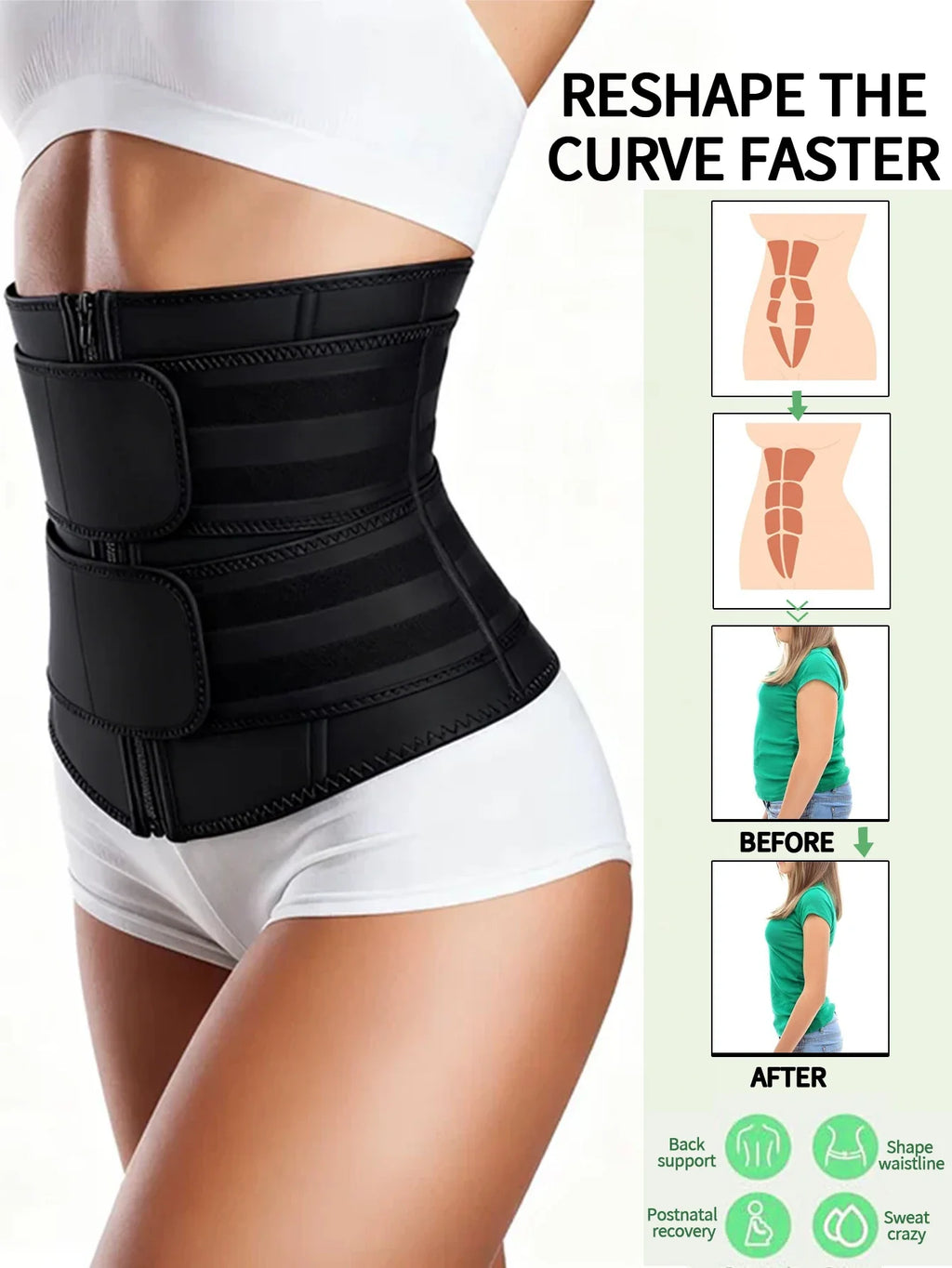 Women's Waist Trainer, Waist Tightening Bodywear Zipper Shapewear Belt, Slimming Fitness Black Shapewear