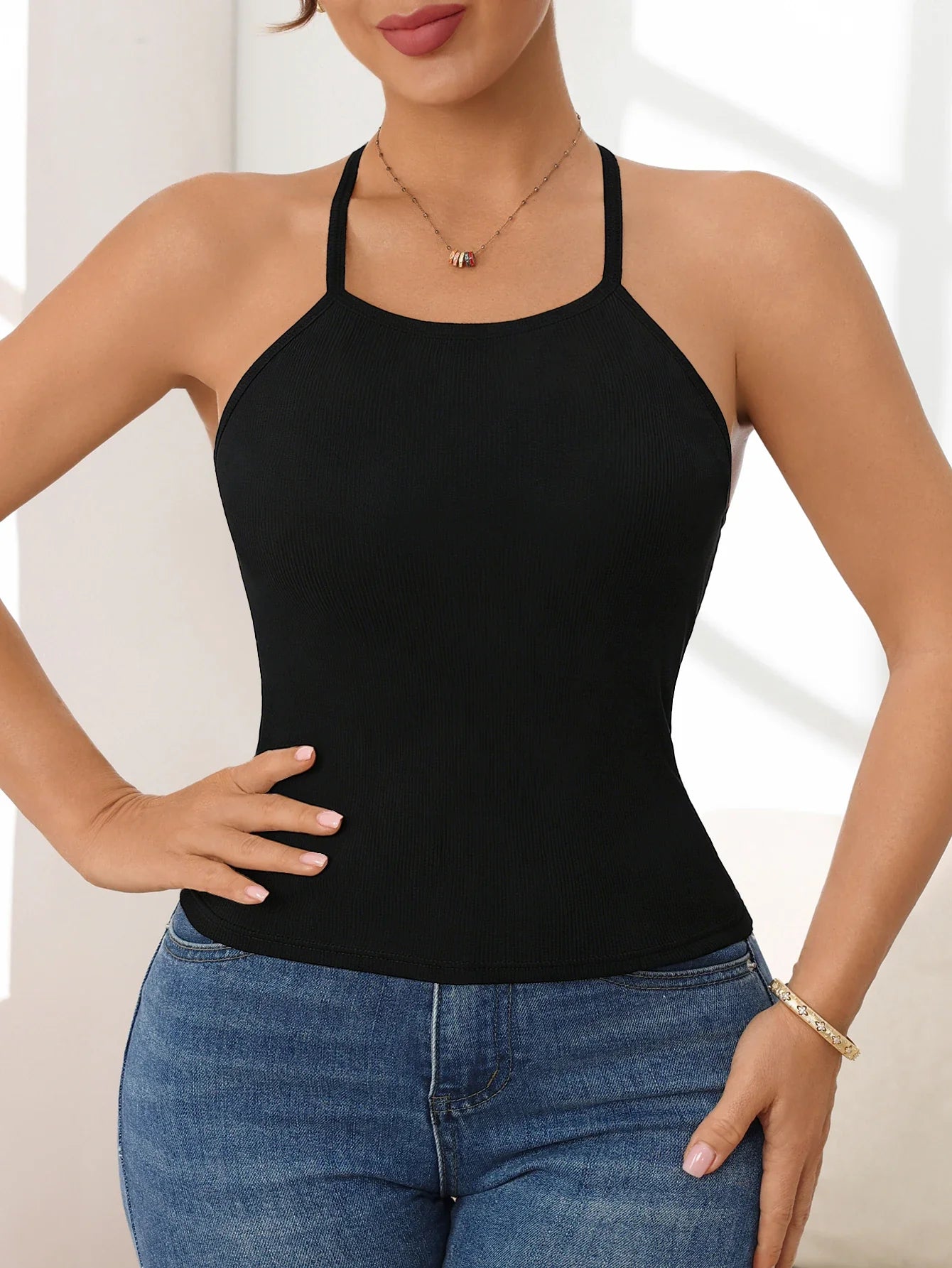 Summer Outdoor Women's Halter Neck Camisole Solid Ribbed Adjustable straps Tank Top with Padded Chest