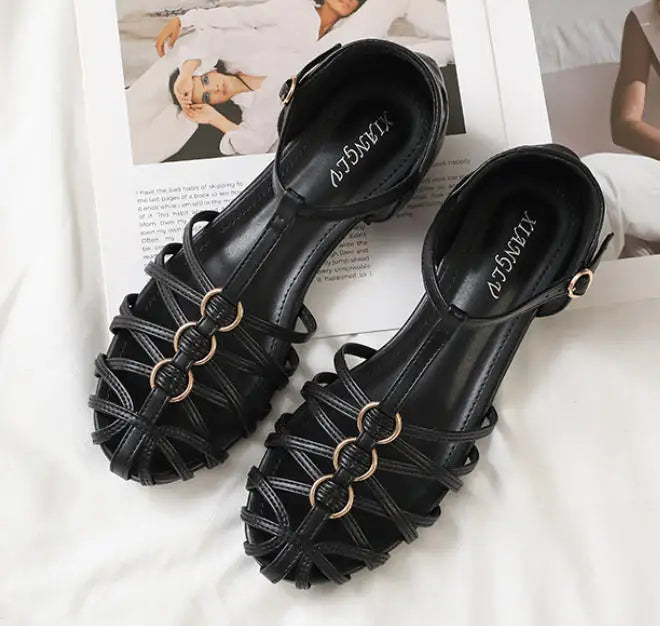 Plus Size Women Roman Sandals Woven Chunky Heel Closed Toe Ankle Strap Hollow Vintage Fashion Dress Beach Gladiator Sandalias