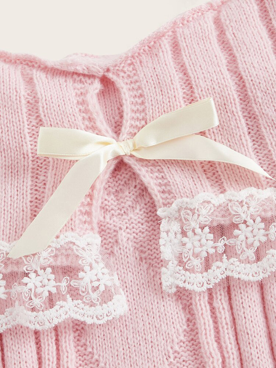 Women Long Sleeve Contrast Lace Knit Pullovers Autumn Winter Cold Shoulder Sweaters Bow Front Jumper Tops Beige/Pink
