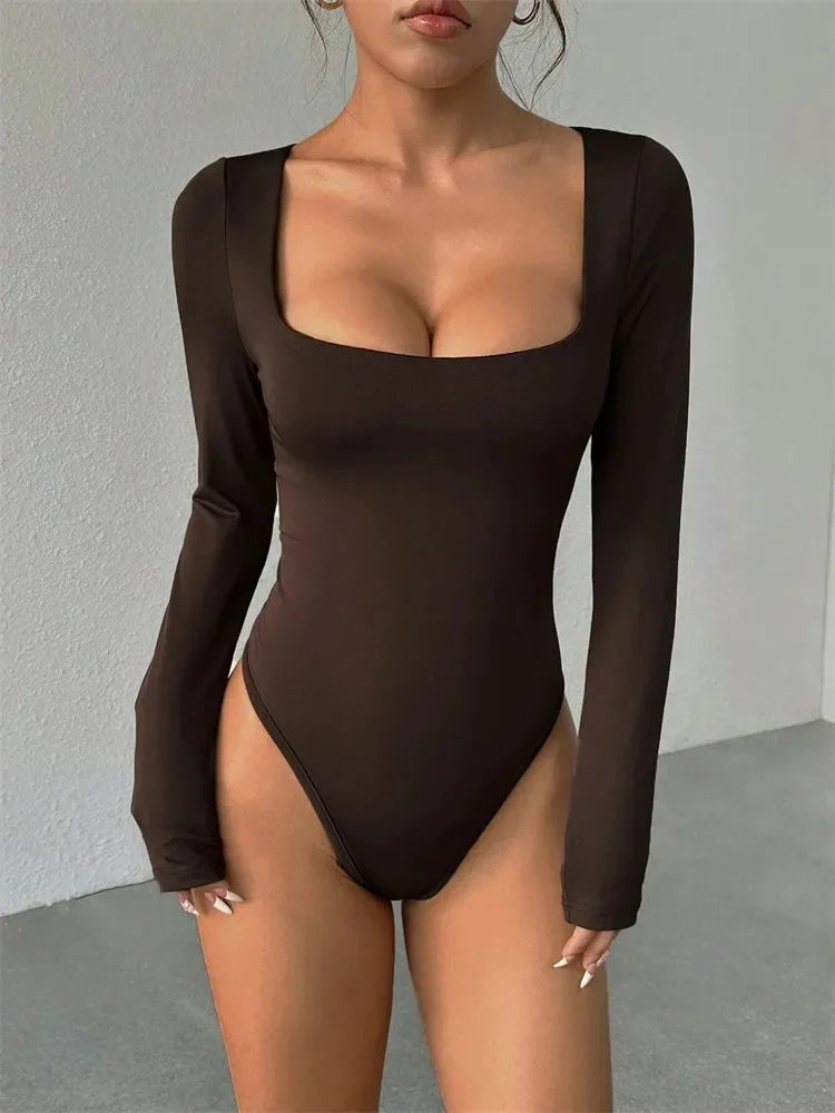 Basic Square Neck Long Sleeve Bodysuit Blouse for Women Autumn Winter Sexy Slim Fit Solid Color Bodysuits Streetwear Y2K