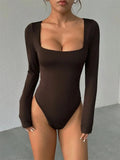 Basic Square Neck Long Sleeve Bodysuit Blouse for Women Autumn Winter Sexy Slim Fit Solid Color Bodysuits Streetwear Y2K