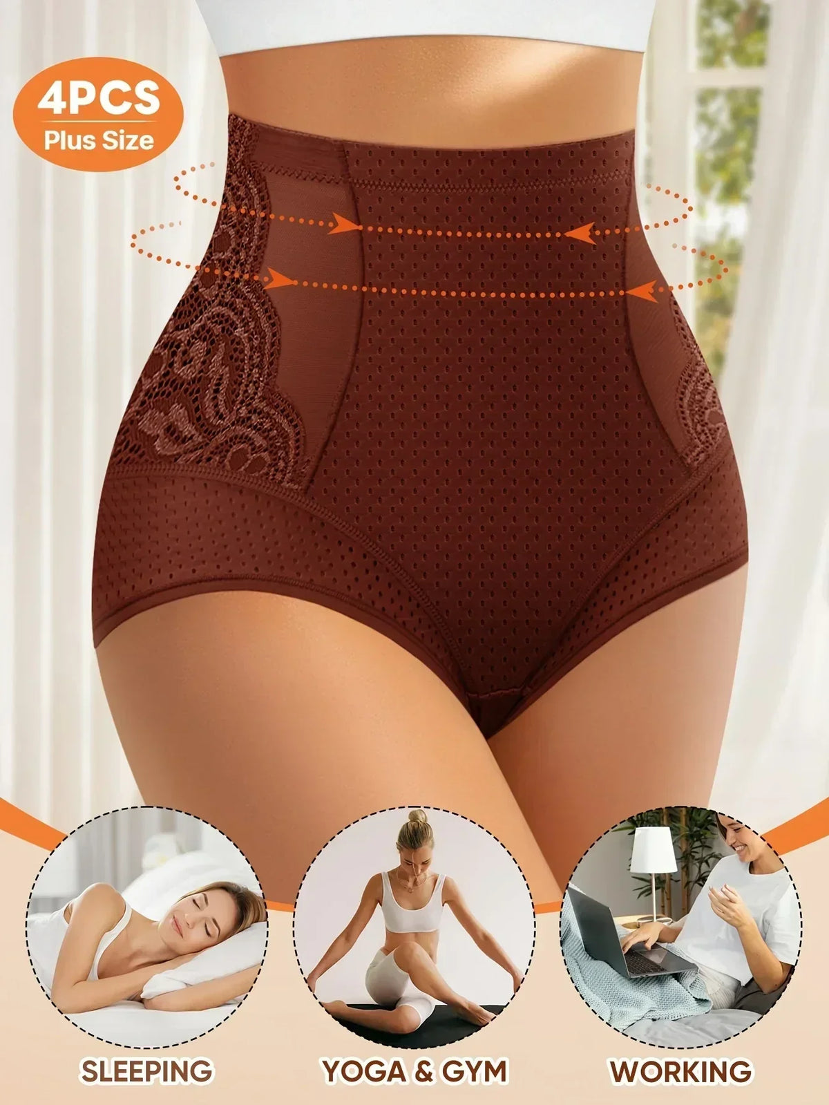 4pcs Plus Size Women'S High-Waist Briefs - Breathable Mesh & Lace Trim, Enhanced Comfort, Breathable Summer Panties in Black,