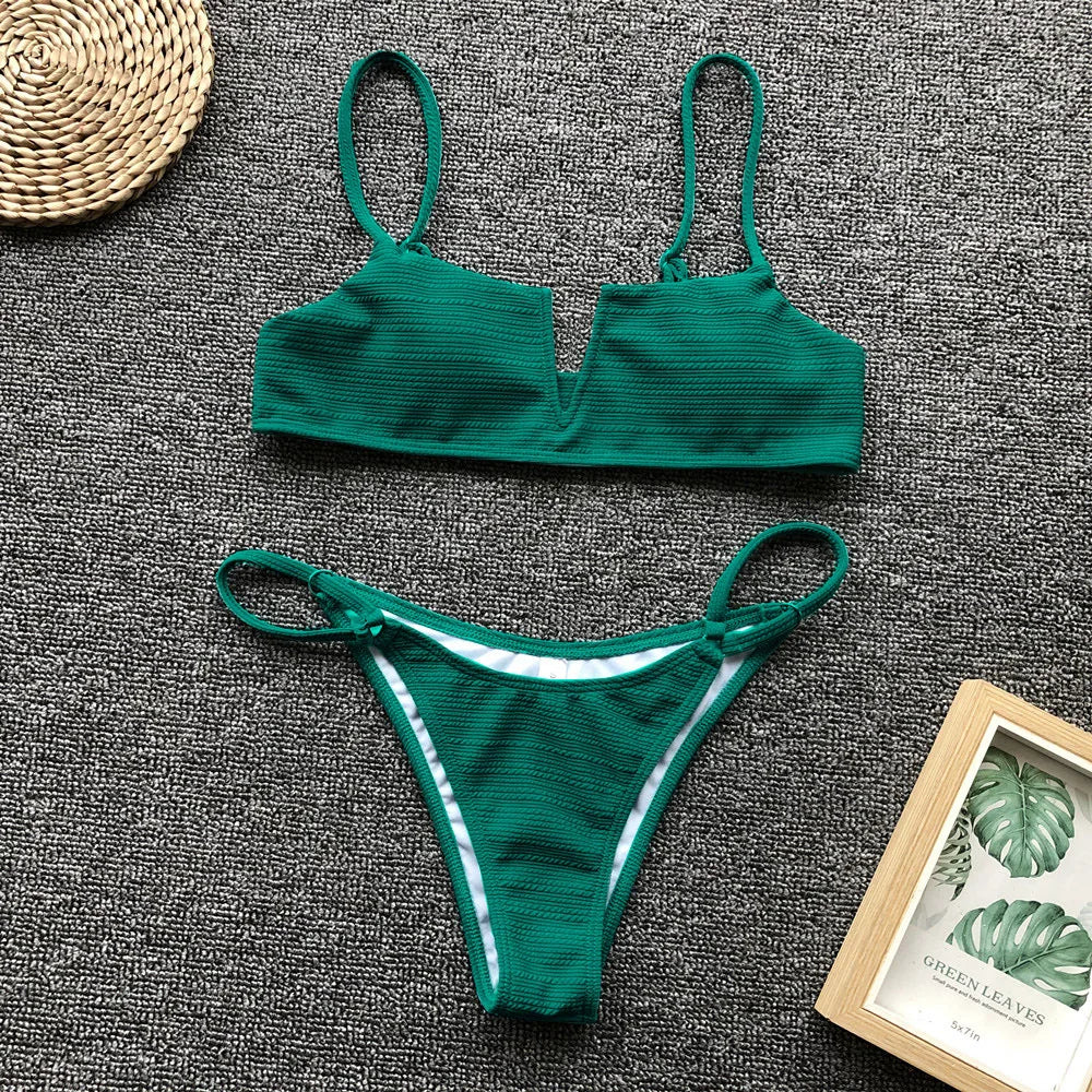 Sexy Micro Bikini Swimwear Women 2025 Solid Green Swimsuit V Neck Push Up Bandage Thong Swimming Suit Bathing Suit Mini Bikinis