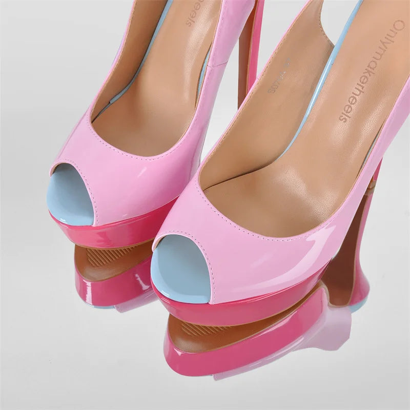 Onlymaker Pink Patent Leather Peep Toe Platform Stilettos Sandals Thin Heel Sexy Buckle Strap  Party Slingback Sandals