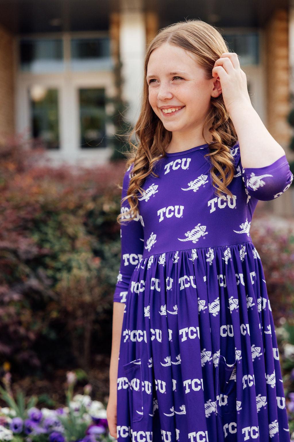 TCU Purple Frog 3/4 Sleeve Pocket Twirl Dress