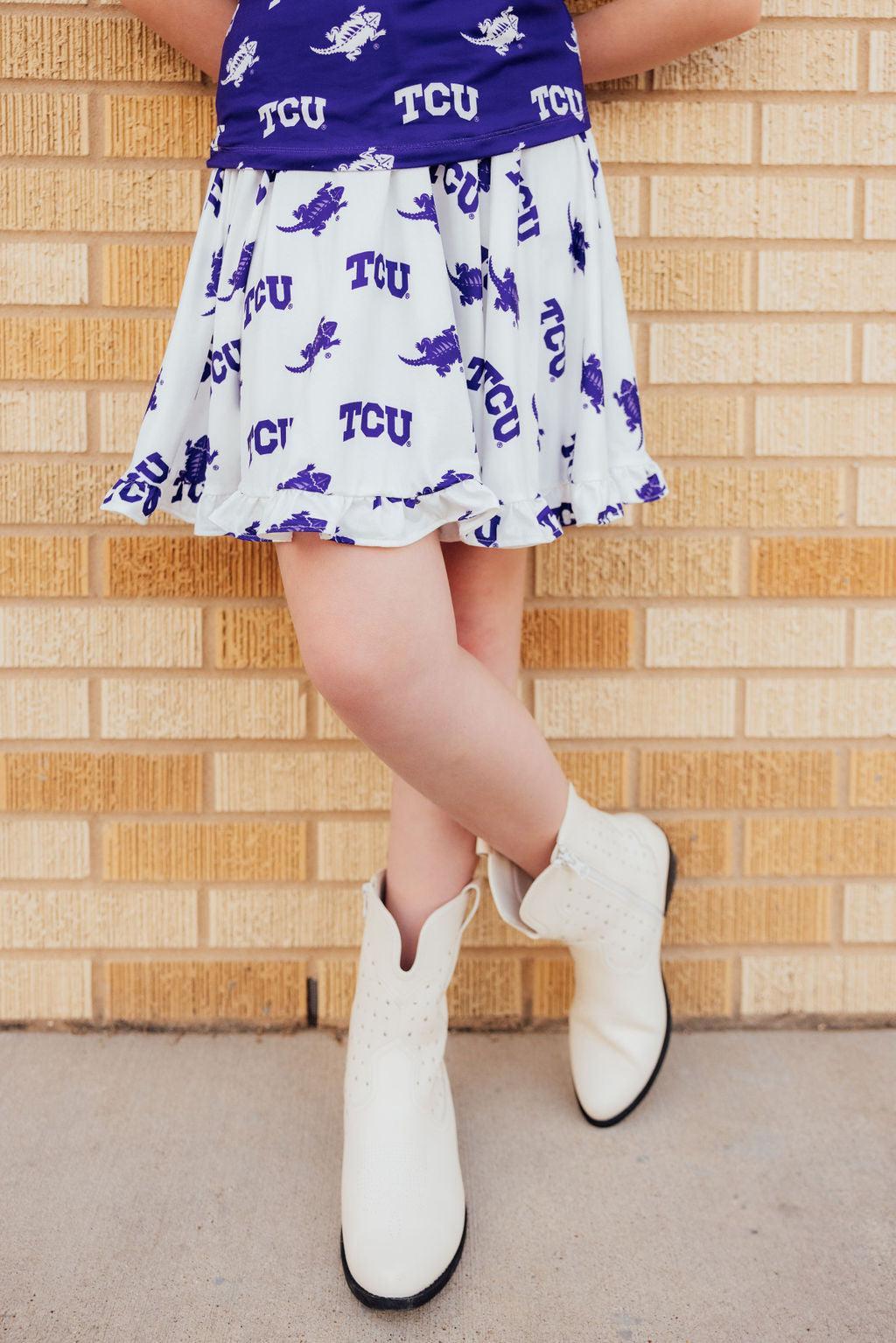 TCU White Frog Ruffle Twirl Skort