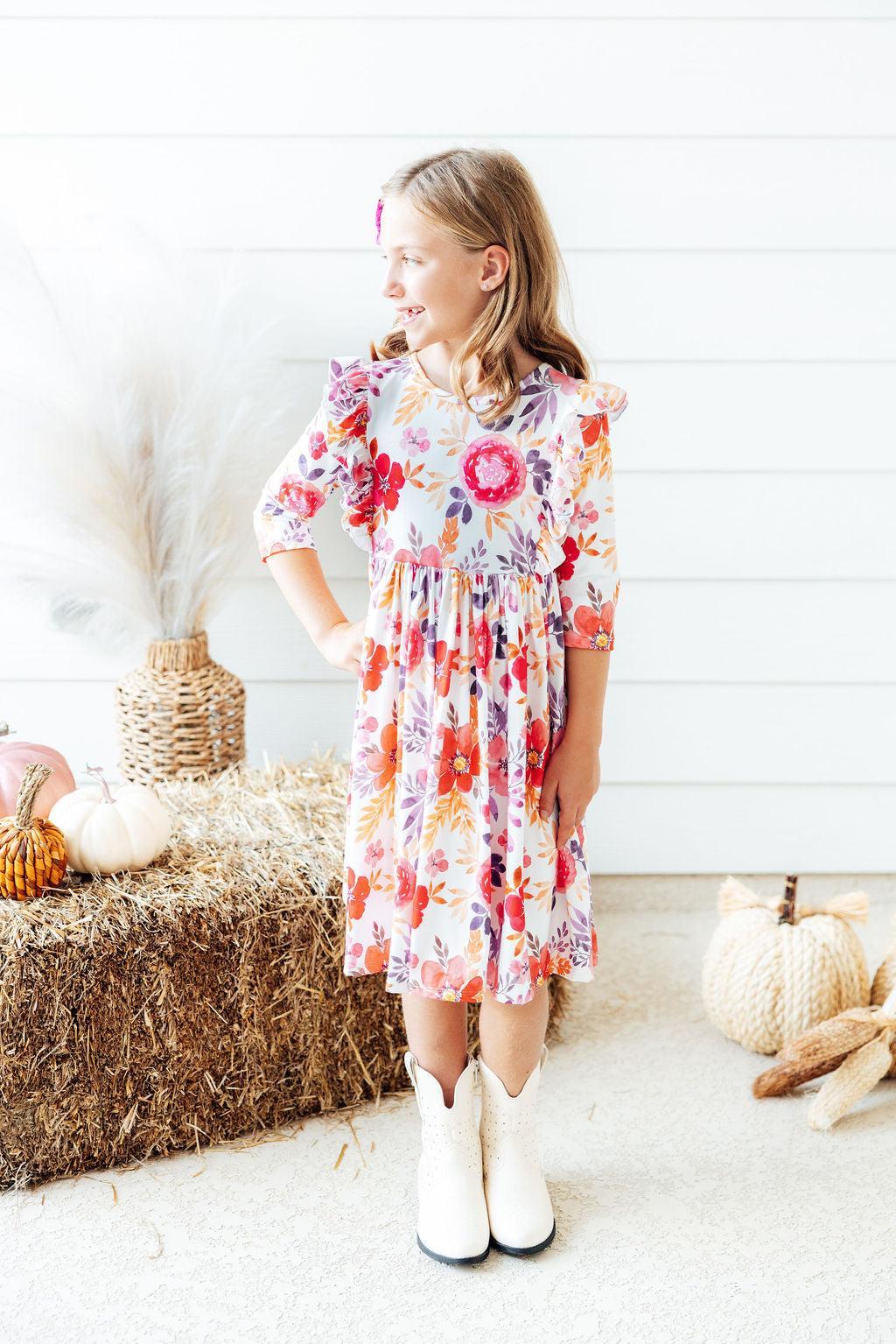 Tangerine Leaves 3/4 Sleeve Ruffle Twirl Dress