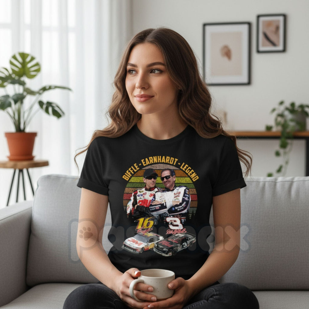 The Biff #16 & Earnhardt "Legends Never Die" T-Shirt - Vintage Racing Graphic Tee, Classic NASCAR Inspired Fan Apparel, Greg Biffle & Dale Earnhardt Tribute Shirt