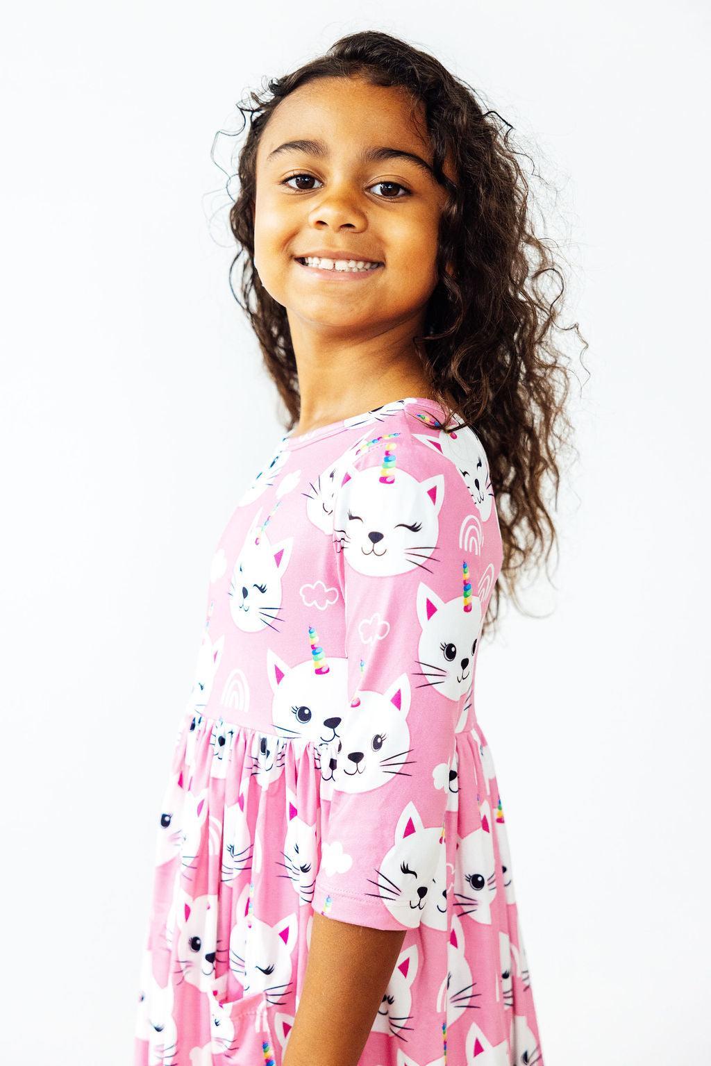 Unicorn Kitties 3/4 Sleeve Pocket Twirl Dress
