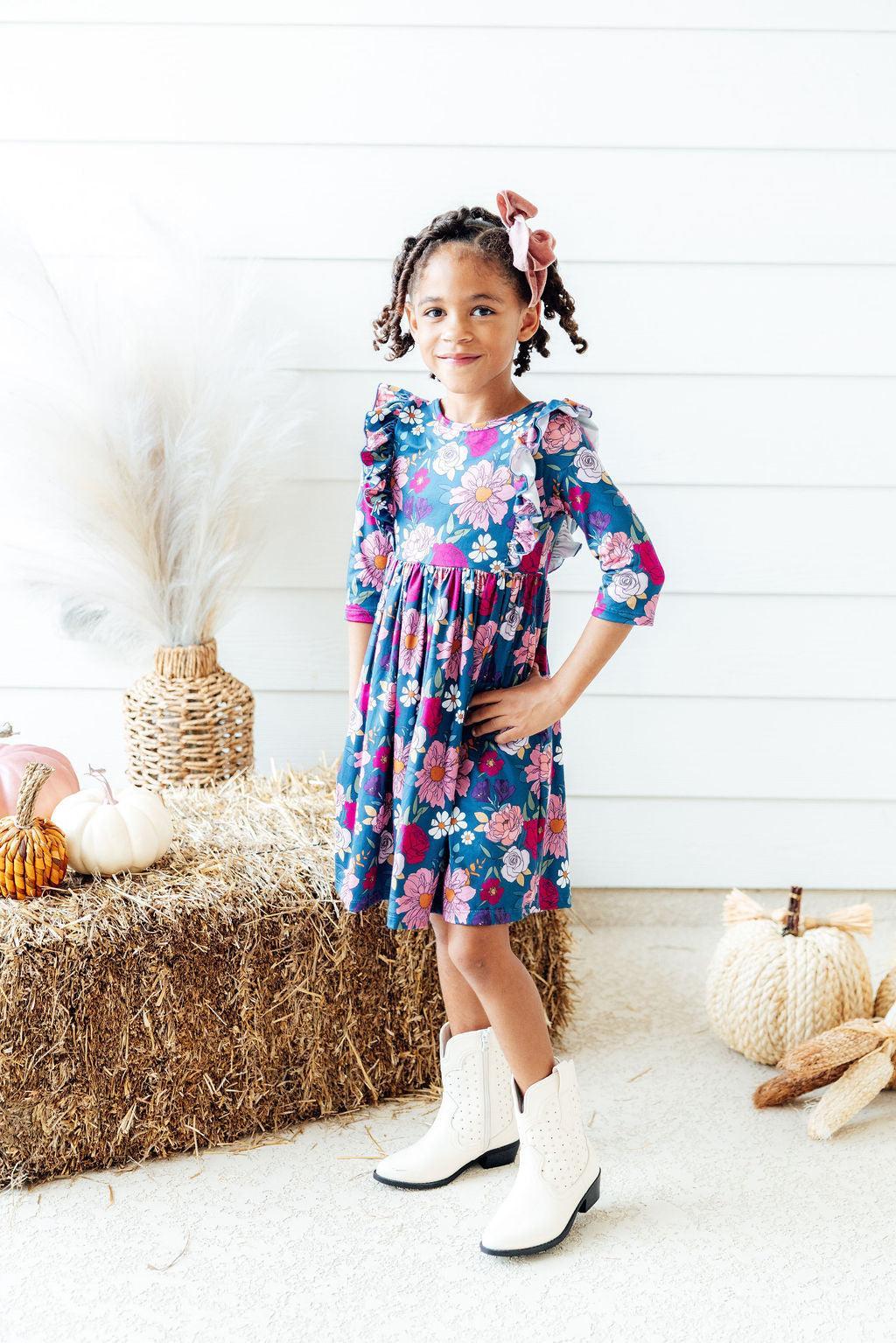 Vintage Garden 3/4 Sleeve Ruffle Twirl Dress