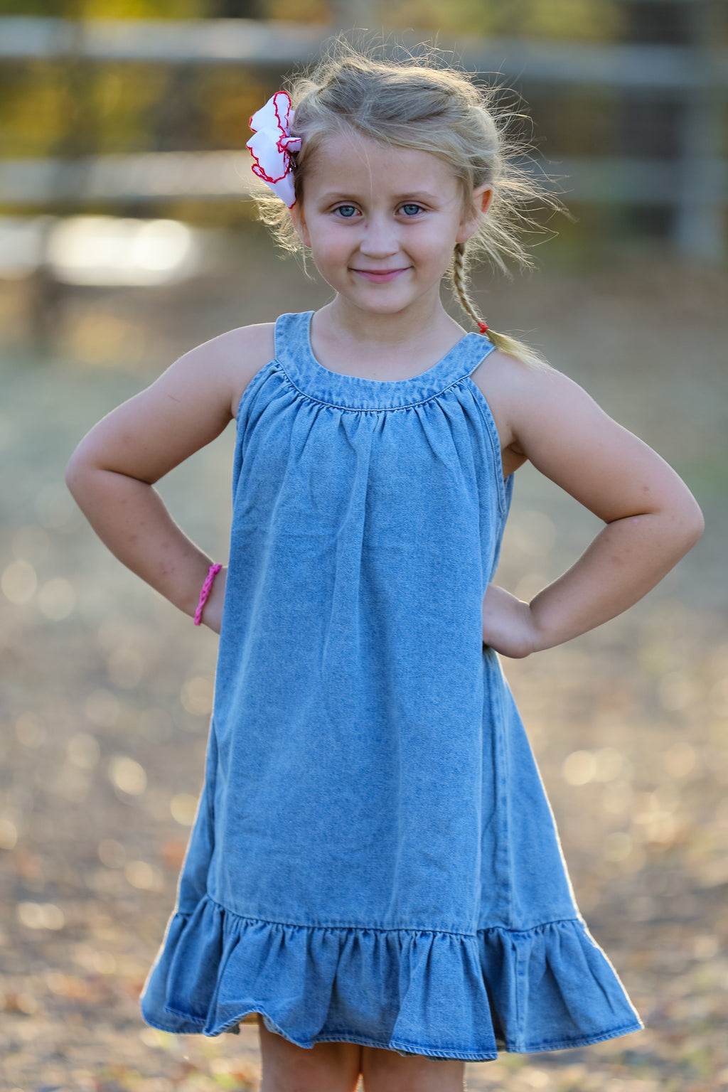 Girls Denim Ruffle Trim A-Line Dress