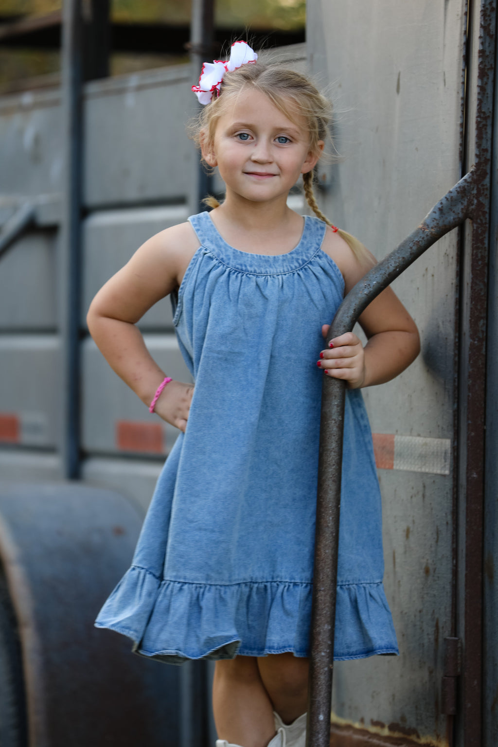 Girls Denim Ruffle Trim A-Line Dress