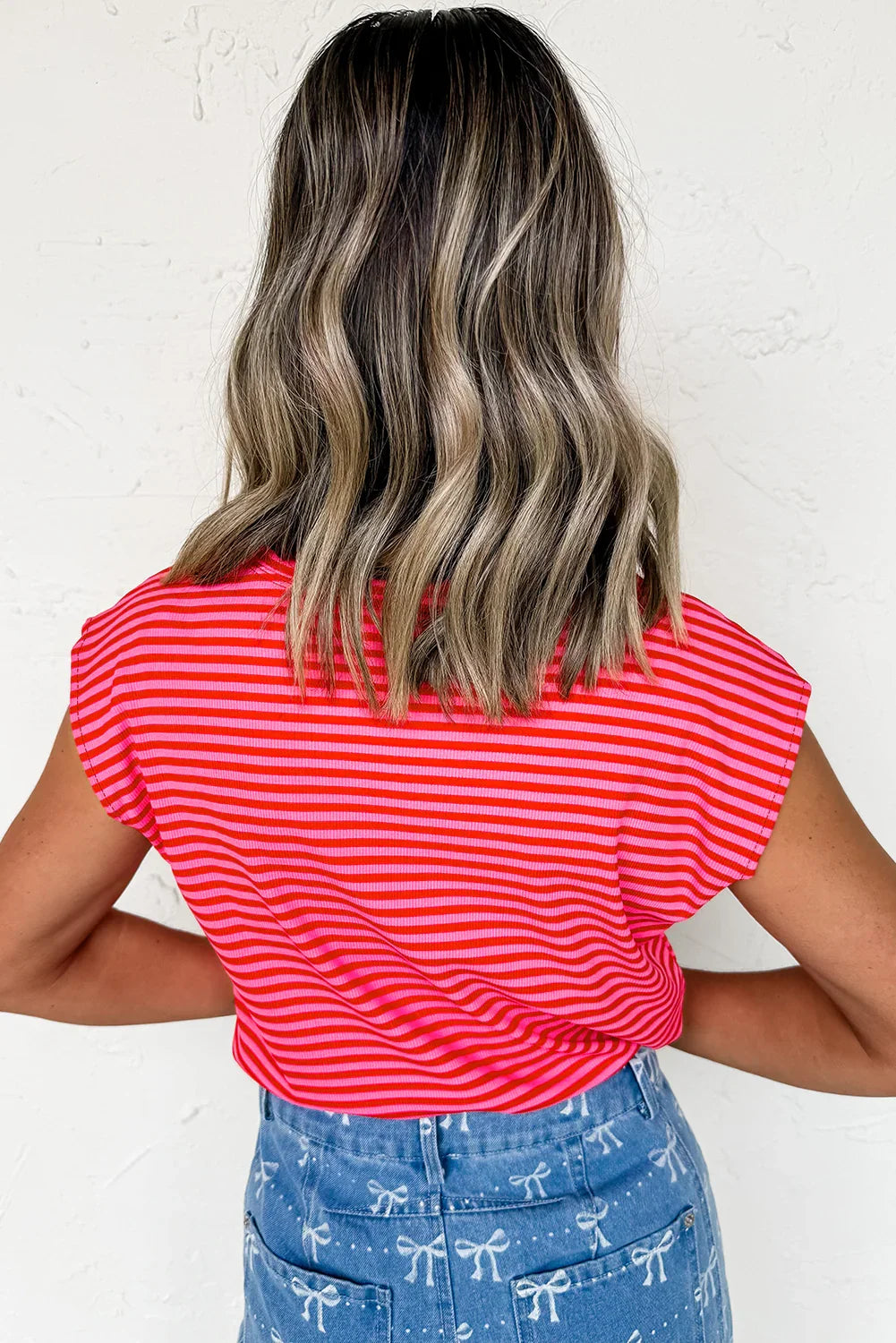 Black Stripe Ribbed Cap Sleeve Round Neck T Shirt