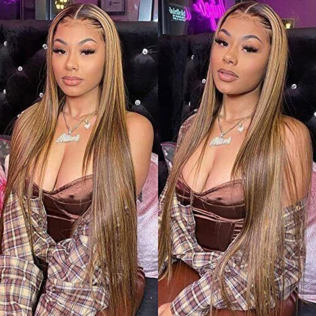 Real Human Hair Female Long Straight Hair Front Lace Wig Head Cover