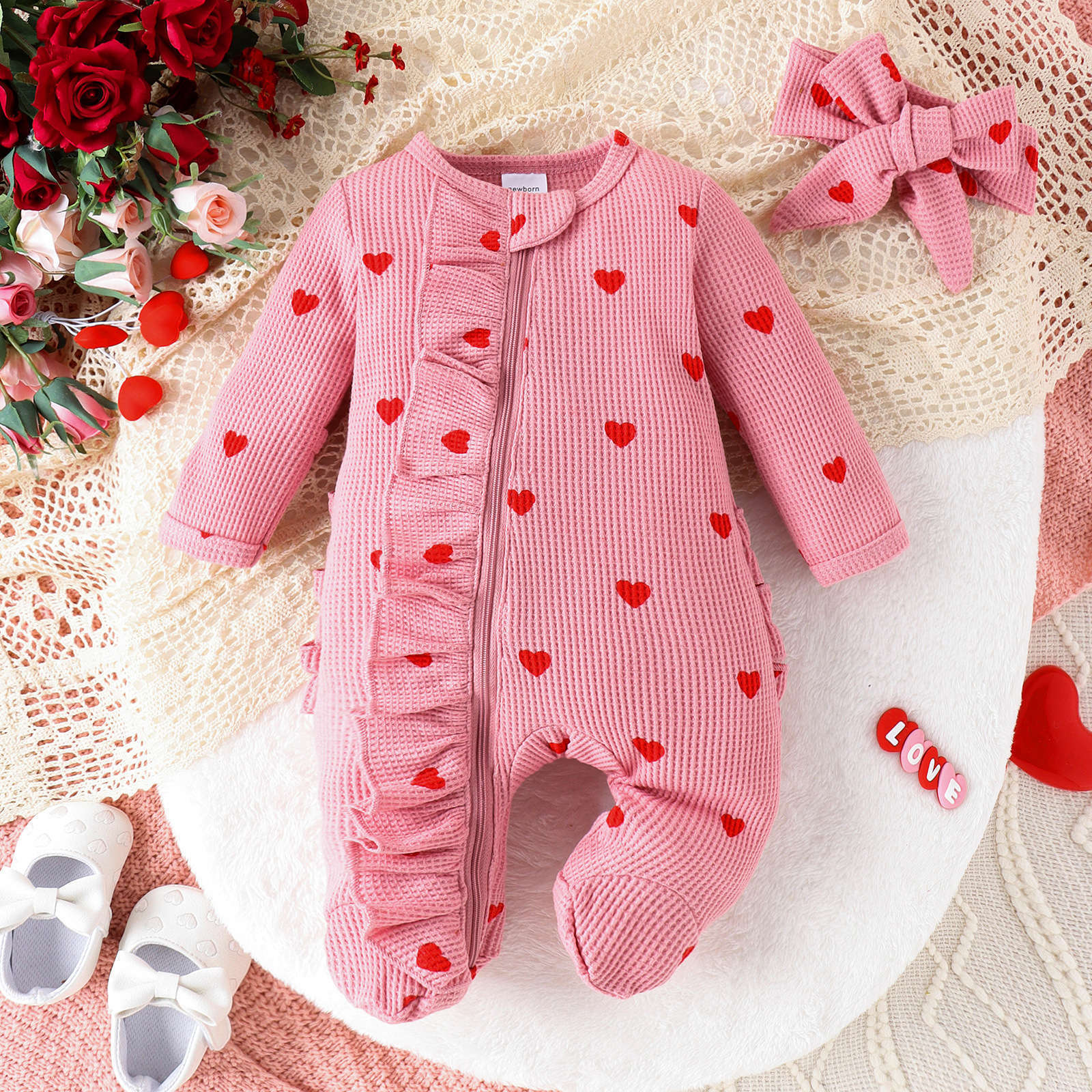 Heart-print Footed Zip-up Onesie Headband Set