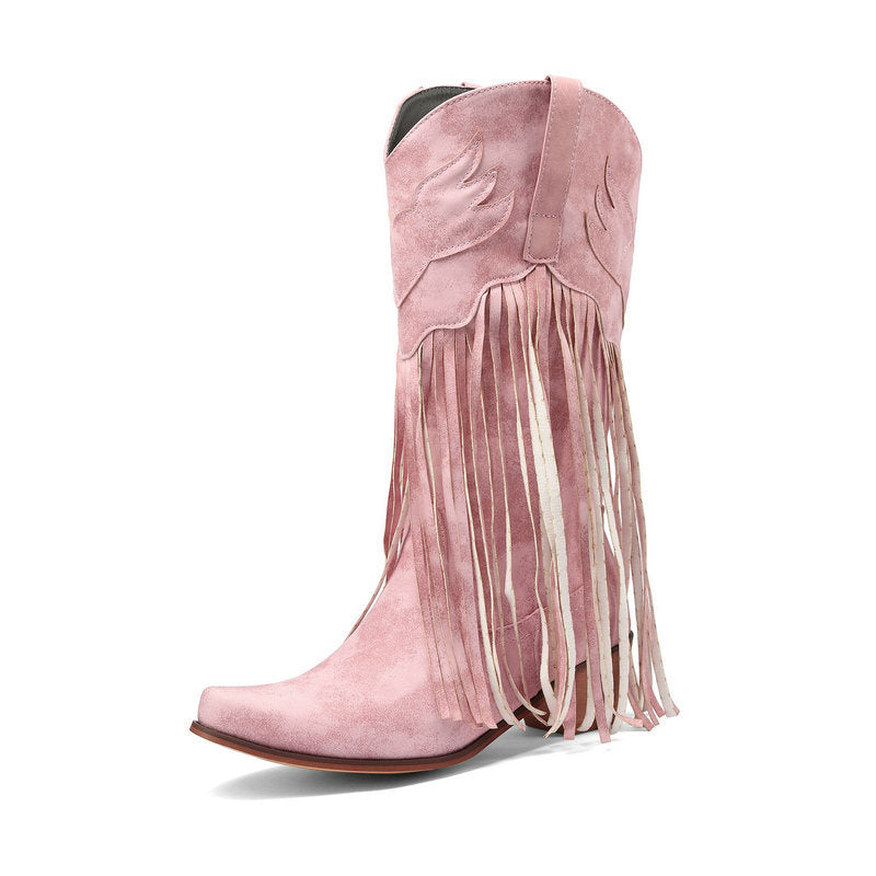 Womens Retro Mid-Calf Chunky Heel Round-Toe Boots