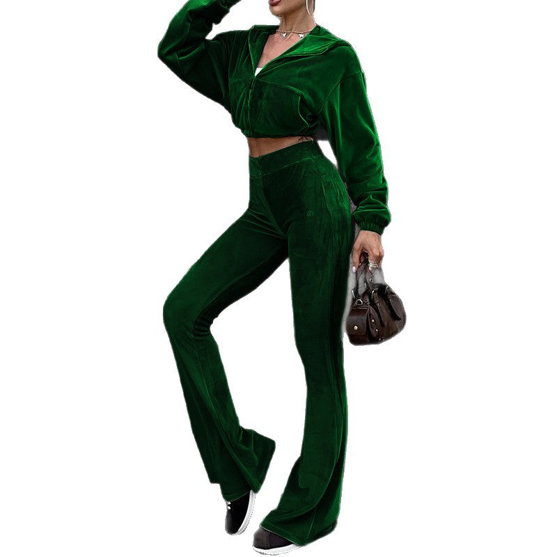 Women's Autumn New Casual Velvet High-Waist Top And Flared Pants Two-Piece Set