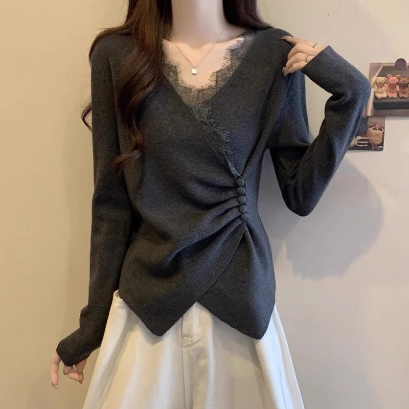 Irregular Cross-feel Lace Spliced V-neck Long Sleeve T-shirt