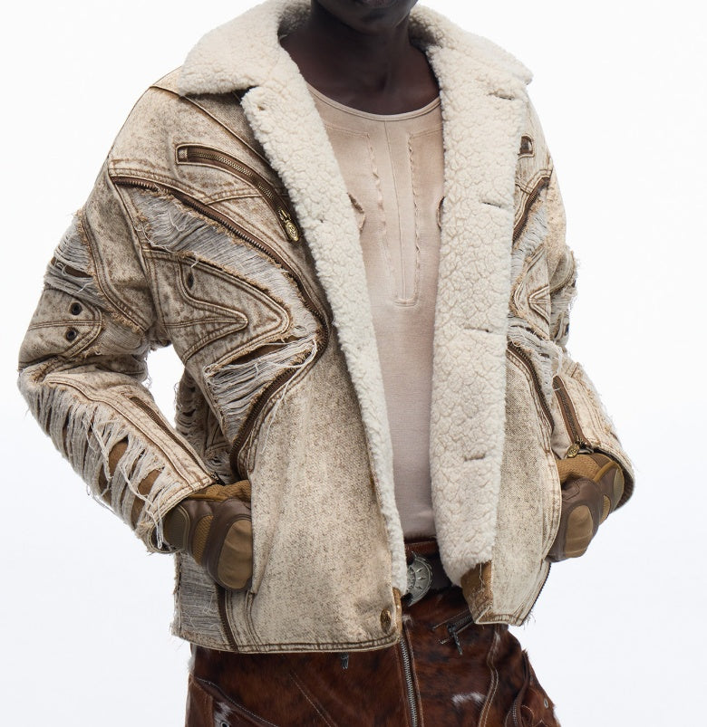 Ravaged And Distressed Apricot Lambswool Denim Jacket