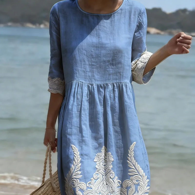 Women's Plant And Flower Print Round Neck Linen Blend Mid-Length Dress