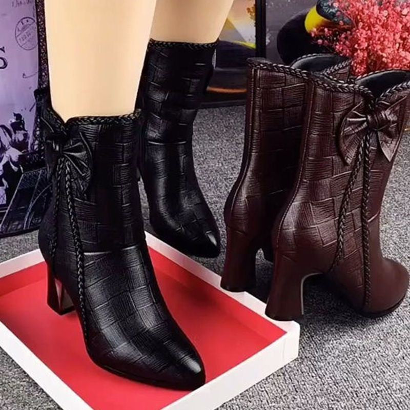 New Fallwinter Velvet Lined Fashion Leather Boots Mid Calf High Heeled Boots