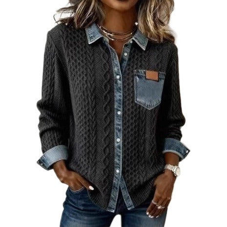 Women's Fashion Knit-and-jean Patchwork Shirt For Fall And Winter