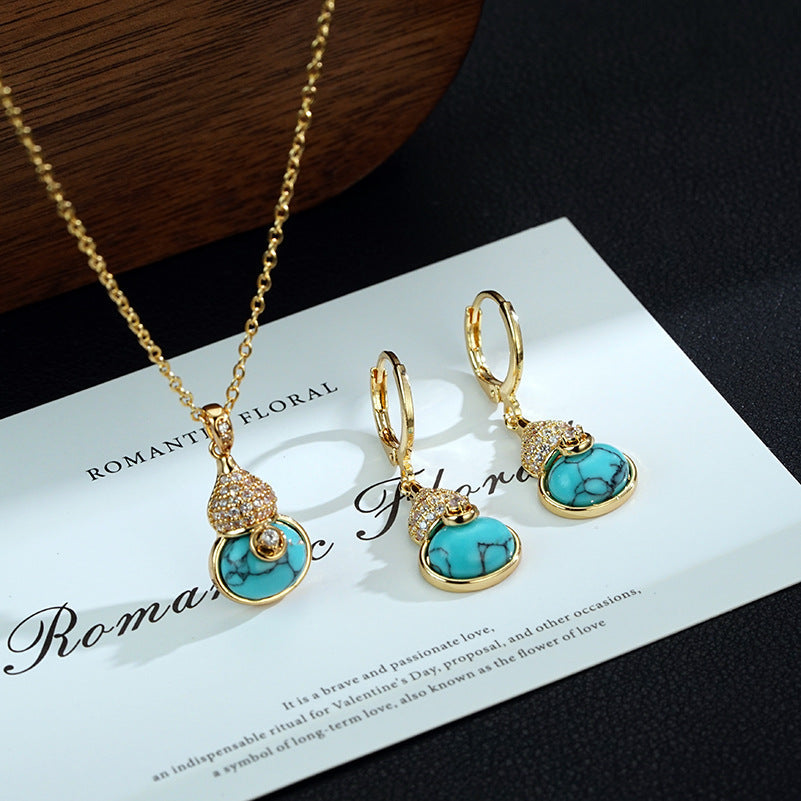 Retro Affordable Luxury Fashion Turquoise Gourd Earrings Premium Earrings And Necklace Set
